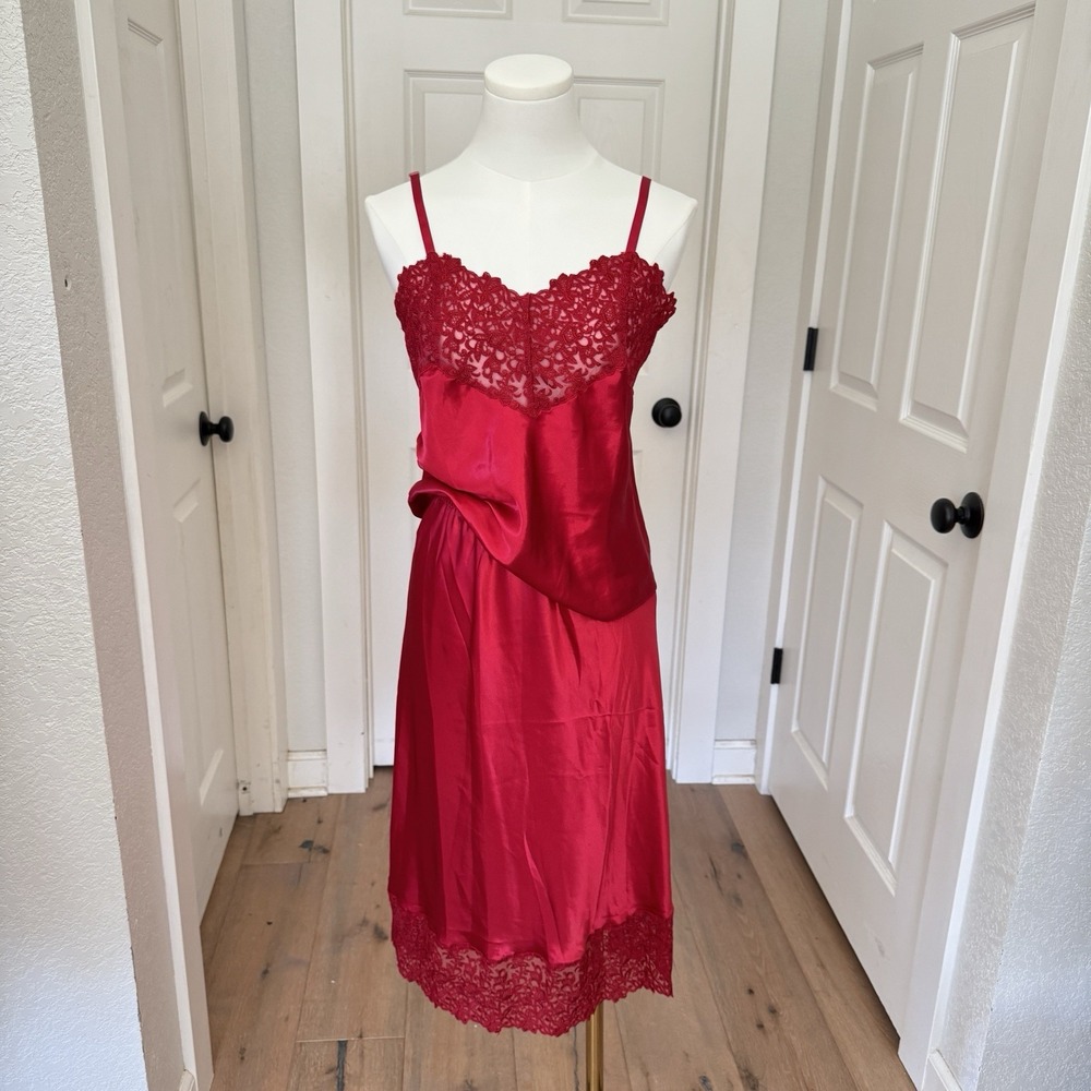 Vtg Cabernet Set Red Wide Lace Liquid Satin Slip Skirt Camisole Top Sz S Sexy - Picture 1 of 13